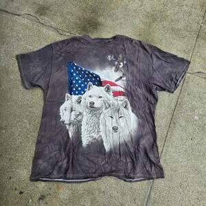 Vtg Y2k THE MOUNTAIN Wolf Pack Eagle Flag Montage Graphic Nature T Shirt Lg